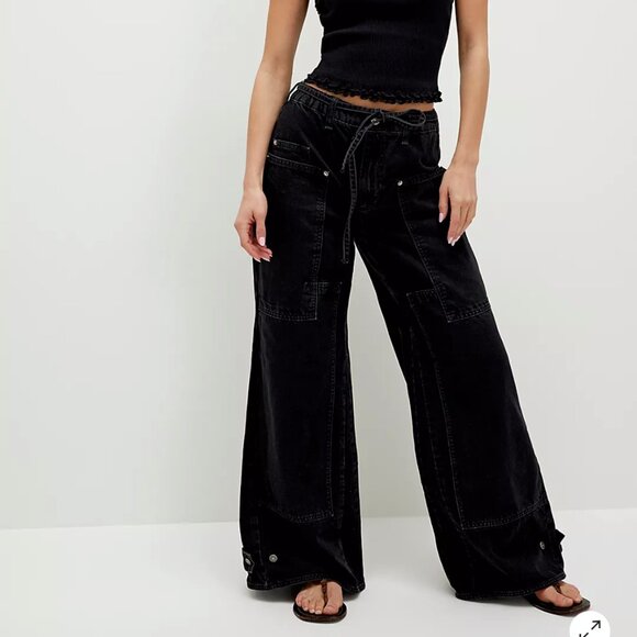 nwt WE THE FREE free people crvy outlaw mid rise wide leg jeans in black jasper - Picture 1 of 4